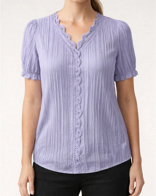 Summer New Temperament Commuter V-neck Loose Type Plain Lace Hollow Princess Sleeve Short-sleeved Urban Commuter Style Shirt | JRSEE:87c0cd16-fc40-4271-a424-75f4ec7a79a5