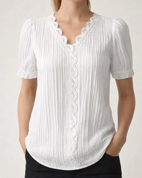 Summer New Temperament Commuter V-neck Loose Type Plain Lace Hollow Princess Sleeve Short-sleeved Urban Commuter Style Shirt | JRSEE:d633a8fc-a908-4a37-8713-765f5779677e