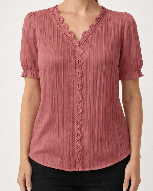 Summer New Temperament Commuter V-neck Loose Type Plain Lace Hollow Princess Sleeve Short-sleeved Urban Commuter Style Shirt | JRSEE:c7638f28-ae9d-4ef8-af86-98c2d2a6960b