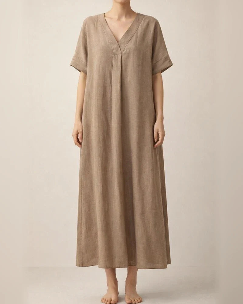 Summer New Women's Casual Short-sleeved V-neck Solid Color Cotton Dresses | JRSEE:55e5f93c-16e7-4b74-933e-58a4e2f8f151