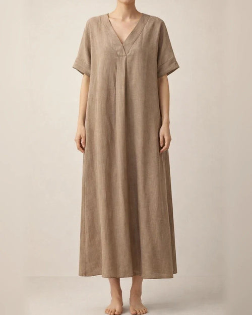 Summer New Women's Casual Short-sleeved V-neck Solid Color Cotton Dresses | JRSEE:55e5f93c-16e7-4b74-933e-58a4e2f8f151