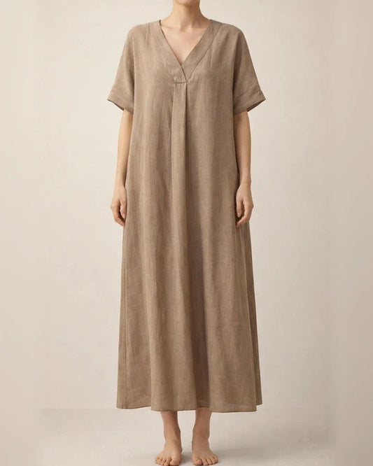 Summer New Women's Casual Short-sleeved V-neck Solid Color Cotton Dresses | JRSEE:55e5f93c-16e7-4b74-933e-58a4e2f8f151