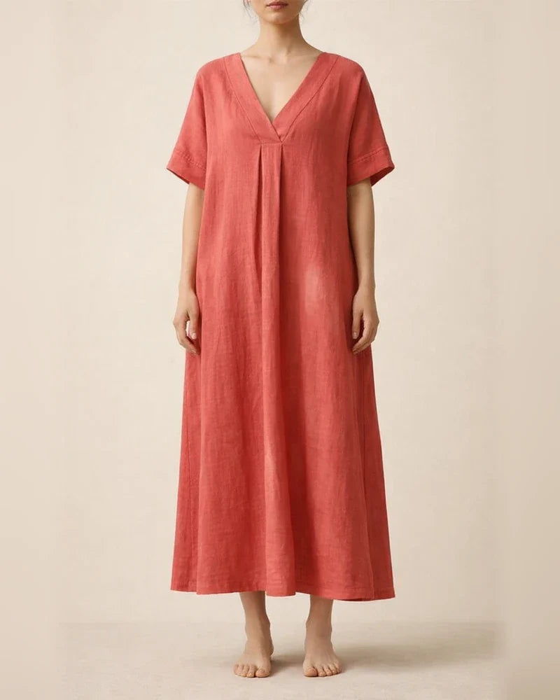 Summer New Women's Casual Short-sleeved V-neck Solid Color Cotton Dresses | JRSEE:9e972c72-f2ca-4d8a-9201-8f5deb578769