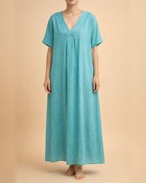 Summer New Women's Casual Short-sleeved V-neck Solid Color Cotton Dresses | JRSEE:d234df01-596f-46ea-8c8e-ee695ca77d67