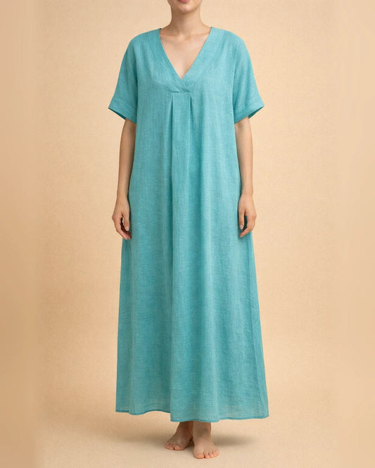 Summer New Women's Casual Short-sleeved V-neck Solid Color Cotton Dresses | JRSEE:d234df01-596f-46ea-8c8e-ee695ca77d67