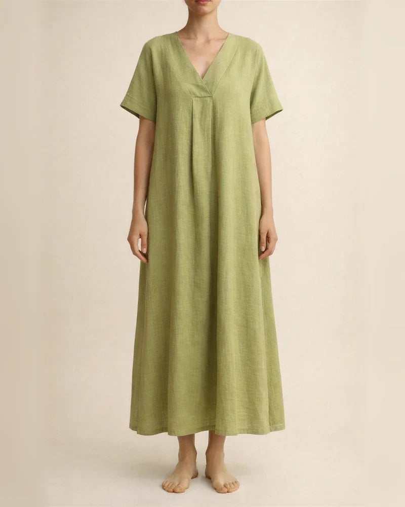 Summer New Women's Casual Short-sleeved V-neck Solid Color Cotton Dresses | JRSEE:6546fbd4-ae91-42ad-843e-c4410341c0a3