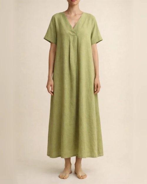 Summer New Women's Casual Short-sleeved V-neck Solid Color Cotton Dresses | JRSEE:6546fbd4-ae91-42ad-843e-c4410341c0a3