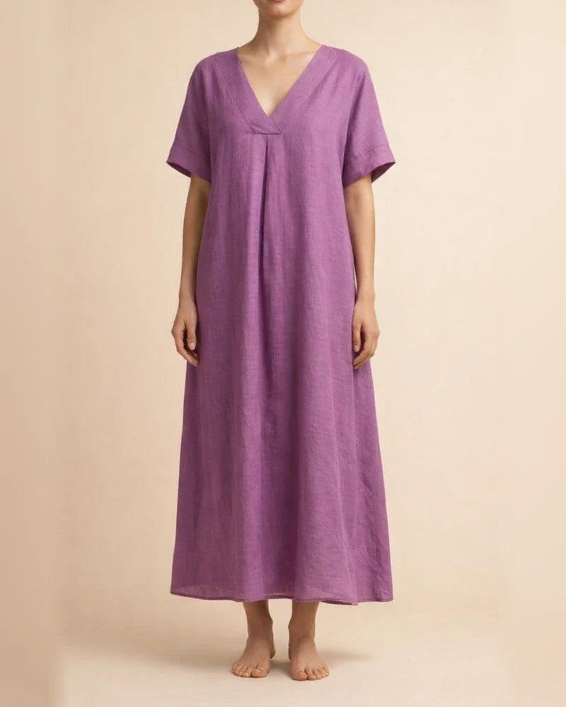 Summer New Women's Casual Short-sleeved V-neck Solid Color Cotton Dresses | JRSEE:8d1a28f2-f9de-44a0-ada3-b8bb770b460c