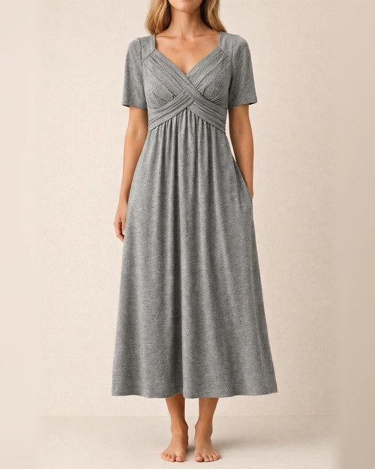 Summer New Women's Solid Color Long-sleeved V-neck Cross Button Casual Wind Comfortable Commuter Long Dress Dress Dress | JRSEE:57338cb6-153c-4e00-adb7-7a645cd7ff9b