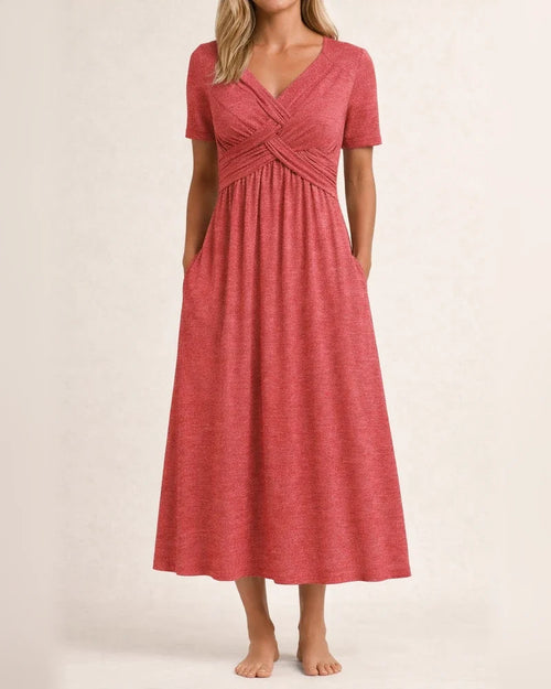 Summer New Women's Solid Color Long-sleeved V-neck Cross Button Casual Wind Comfortable Commuter Long Dress Dress Dress | JRSEE:e6a237b8-81fe-42ee-b6b6-1287b7c7c02e