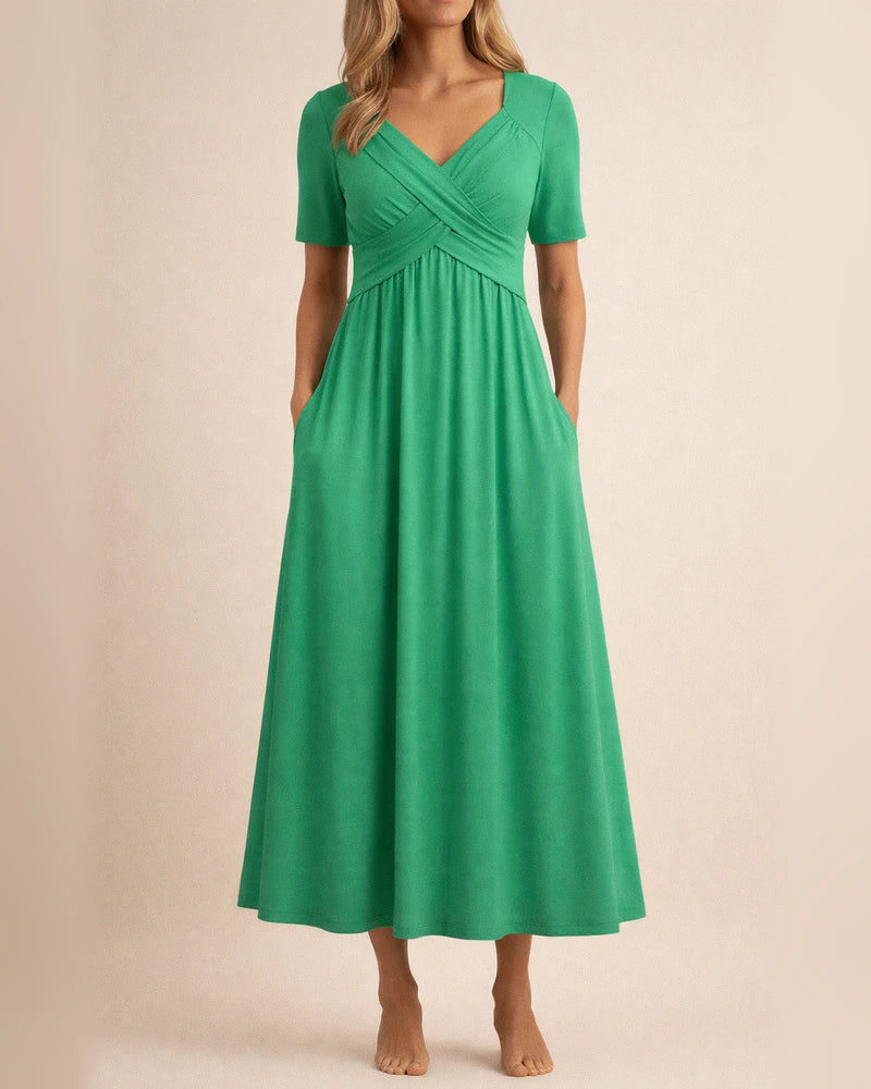Summer New Women's Solid Color Long-sleeved V-neck Cross Button Casual Wind Comfortable Commuter Long Dress Dress Dress | JRSEE:4c7af2cd-e928-45f3-a2e4-683b6eda9280