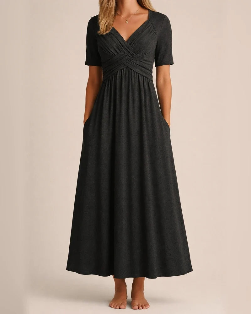 Summer New Women's Solid Color Long-sleeved V-neck Cross Button Casual Wind Comfortable Commuter Long Dress Dress Dress | JRSEE:bea464fd-54d2-4997-b4d6-7e888de6305a