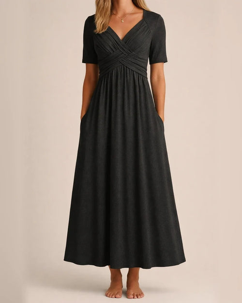 Summer New Women's Solid Color Long-sleeved V-neck Cross Button Casual Wind Comfortable Commuter Long Dress Dress Dress | JRSEE:bea464fd-54d2-4997-b4d6-7e888de6305a