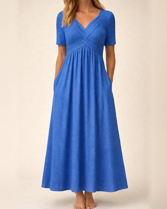 Summer New Women's Solid Color Long-sleeved V-neck Cross Button Casual Wind Comfortable Commuter Long Dress Dress Dress | JRSEE:c13144ac-5b2a-44af-8df1-c128c0181b44