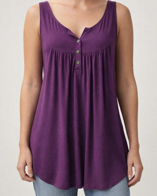 Summer Solid Color Pleated Sleeveless Women's Casual T-shirt Mid-length Button-down Undershirt Top | JRSEE:07fa5a99-bf32-445a-be81-52b3a9735838