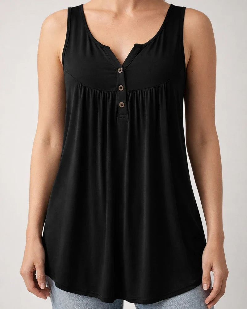 Summer Solid Color Pleated Sleeveless Women's Casual T-shirt Mid-length Button-down Undershirt Top | JRSEE:42777e40-60ac-47be-afeb-97a3ebfaf74a