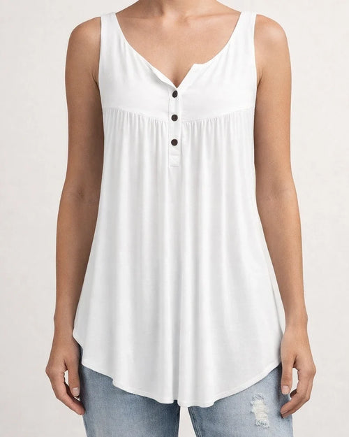 Summer Solid Color Pleated Sleeveless Women's Casual T-shirt Mid-length Button-down Undershirt Top | JRSEE:10b173ee-5089-4a1a-813b-393d47968b56
