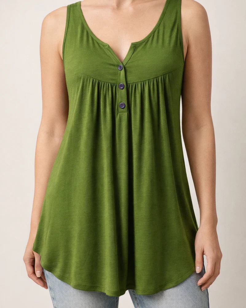 Summer Solid Color Pleated Sleeveless Women's Casual T-shirt Mid-length Button-down Undershirt Top | JRSEE:adf052ea-b4a7-4e2b-8e84-322f470de6b1
