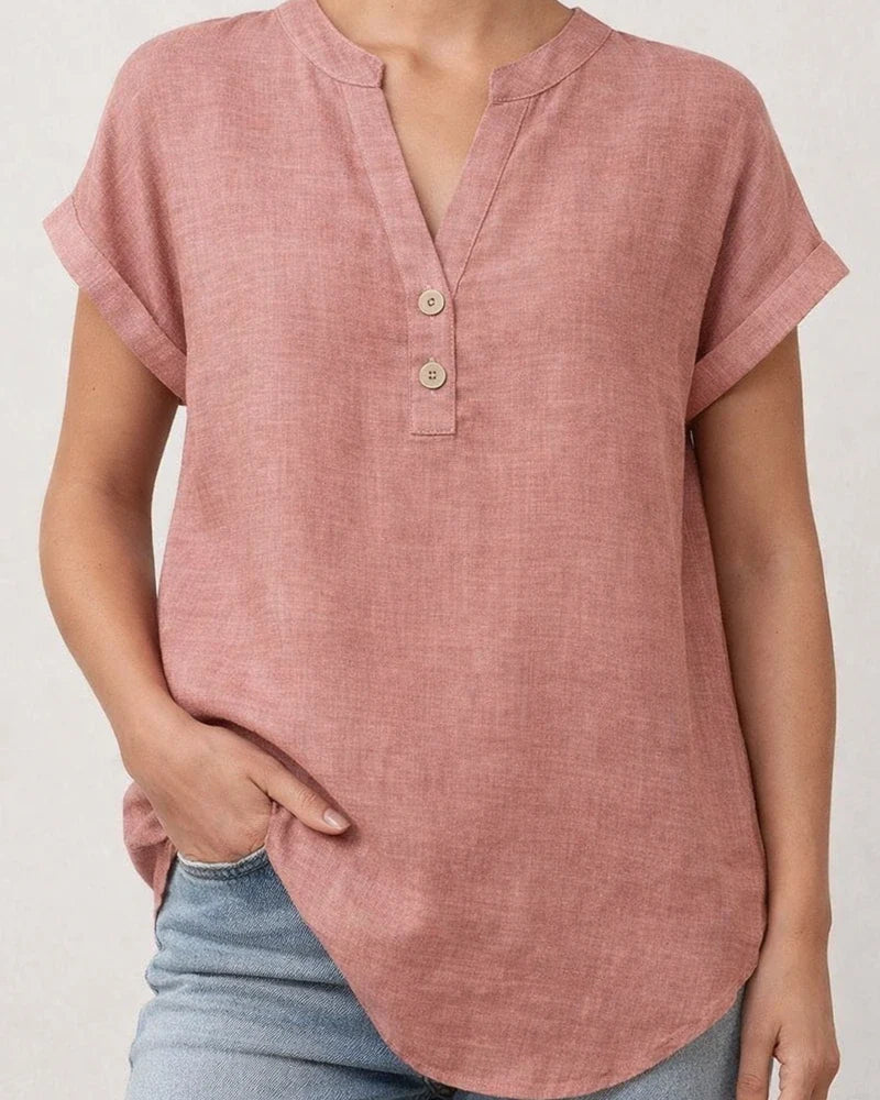 Summer Solid-Color Stand-Up Collar Button-Down Short-Sleeve Women's Shirt | JRSEE:5aecafbb-6a5f-4dfa-b08d-fa4e376b725a
