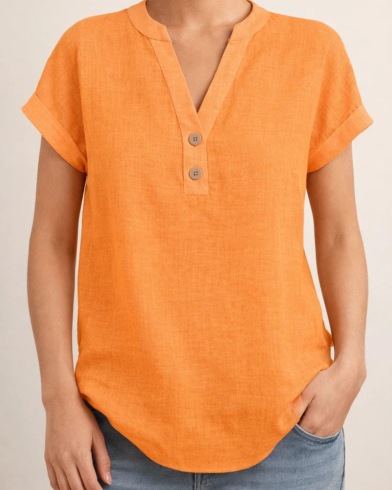 Summer Solid-Color Stand-Up Collar Button-Down Short-Sleeve Women's Shirt | JRSEE:23b59958-3b35-442a-ad3f-b3edab5b34fc