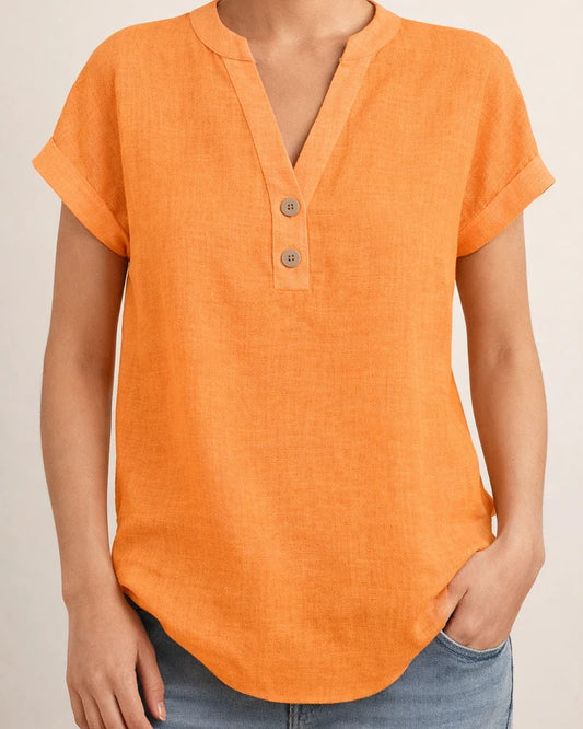Summer Solid-Color Stand-Up Collar Button-Down Short-Sleeve Women's Shirt | JRSEE:23b59958-3b35-442a-ad3f-b3edab5b34fc