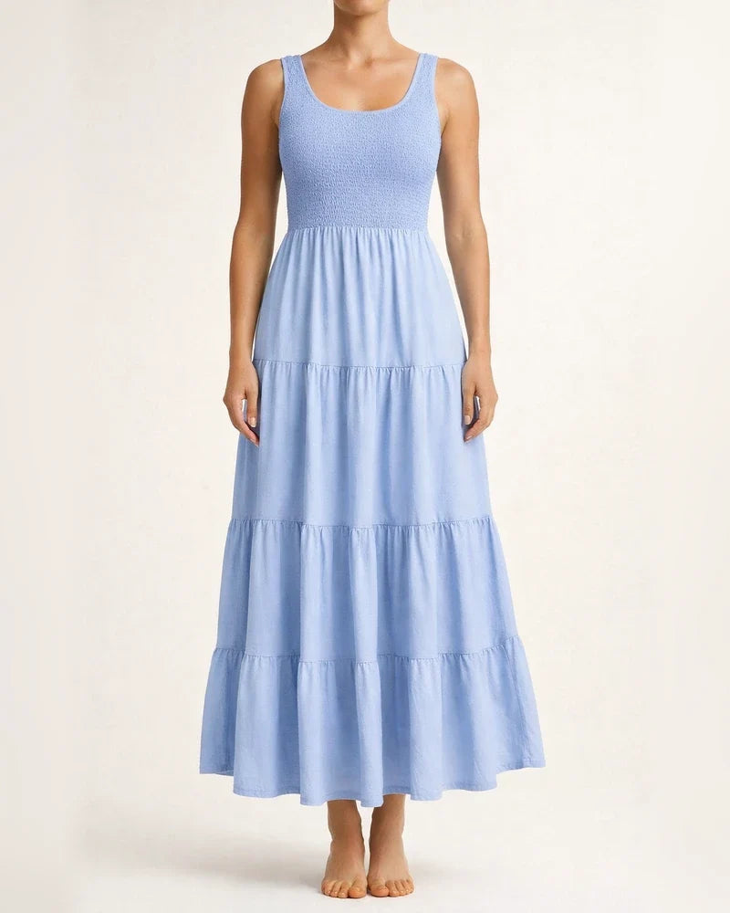 Summer Solid Color Women's Burst U-neck Pullover Tank Dress Pleated Splicing Sleeveless Large Hem A-line Dress Dress | JRSEE:6e06c2c1-80bc-40ff-b147-db5a8a9a0dd7