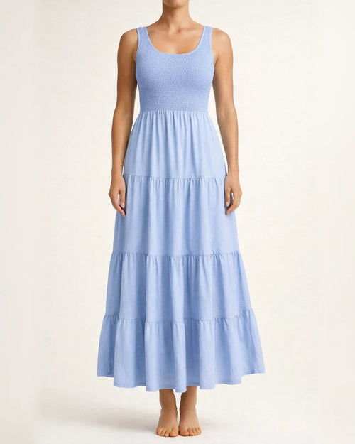 Summer Solid Color Women's Burst U-neck Pullover Tank Dress Pleated Splicing Sleeveless Large Hem A-line Dress Dress | JRSEE:6e06c2c1-80bc-40ff-b147-db5a8a9a0dd7