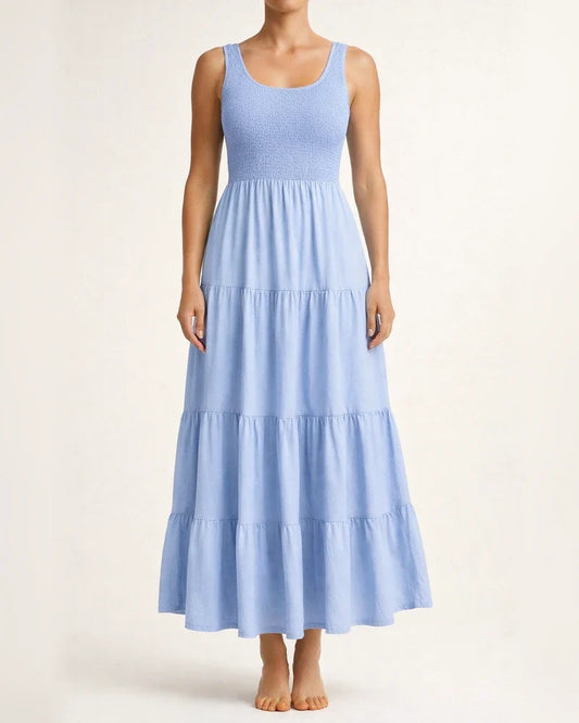 Summer Solid Color Women's Burst U-neck Pullover Tank Dress Pleated Splicing Sleeveless Large Hem A-line Dress Dress | JRSEE:6e06c2c1-80bc-40ff-b147-db5a8a9a0dd7