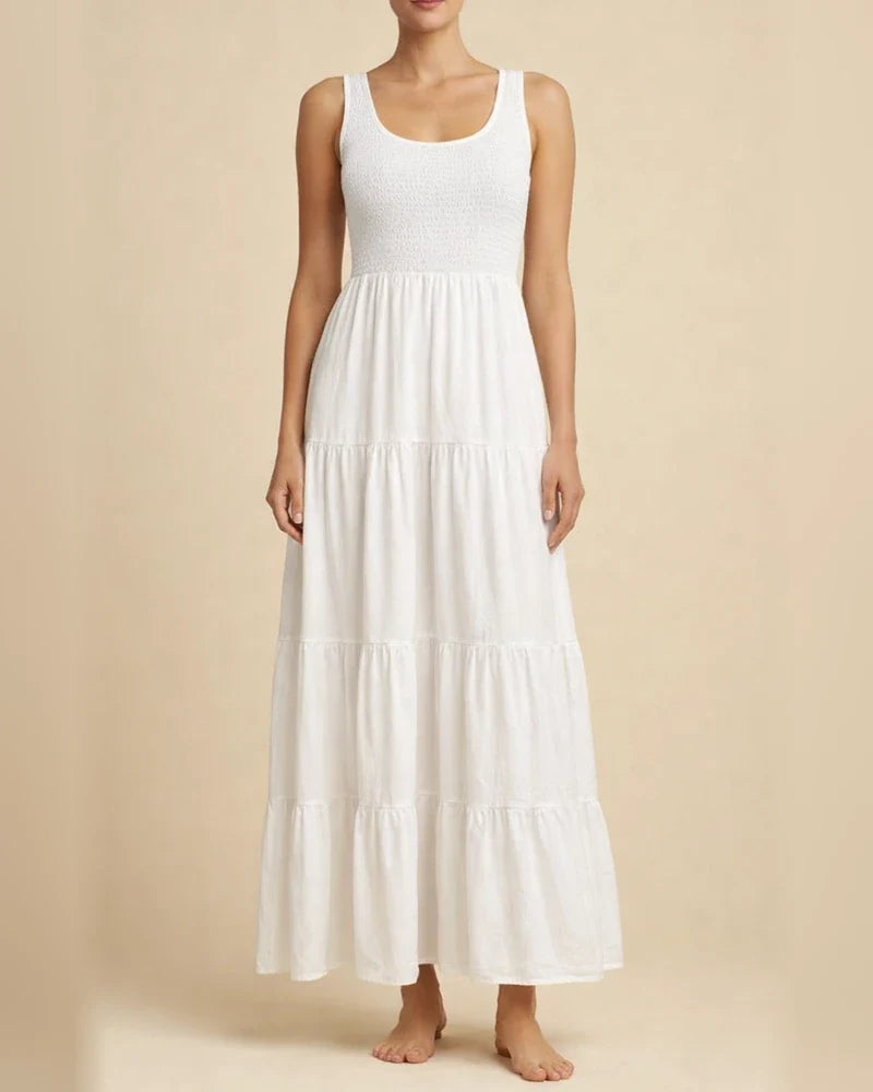 Summer Solid Color Women's Burst U-neck Pullover Tank Dress Pleated Splicing Sleeveless Large Hem A-line Dress Dress | JRSEE:b6ab13ad-c4ab-4779-b019-38fc555d67de