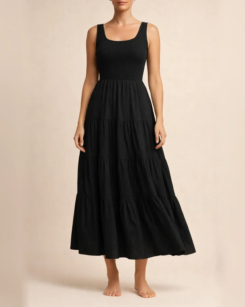 Summer Solid Color Women's Burst U-neck Pullover Tank Dress Pleated Splicing Sleeveless Large Hem A-line Dress Dress | JRSEE:e02c8cc5-6298-4f71-a294-1a251551beb2