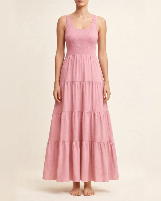 Summer Solid Color Women's Burst U-neck Pullover Tank Dress Pleated Splicing Sleeveless Large Hem A-line Dress Dress | JRSEE:854b23a8-7c52-43f5-bec2-6f22745fd9d8