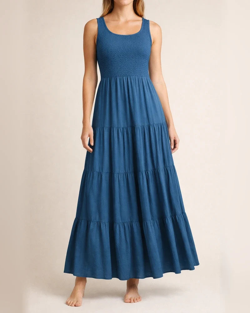 Summer Solid Color Women's Burst U-neck Pullover Tank Dress Pleated Splicing Sleeveless Large Hem A-line Dress Dress | JRSEE:f3fab0b1-5c6b-4477-bced-f36115fd46a4