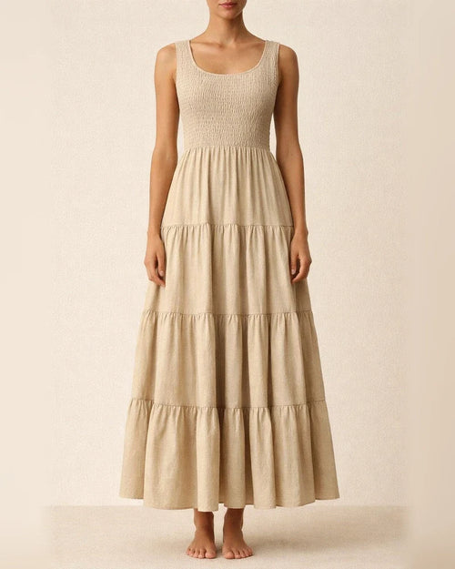 Summer Solid Color Women's Burst U-neck Pullover Tank Dress Pleated Splicing Sleeveless Large Hem A-line Dress Dress | JRSEE:d6f3aaa4-c0c1-423e-a0bd-d5f5b4b7a3b4