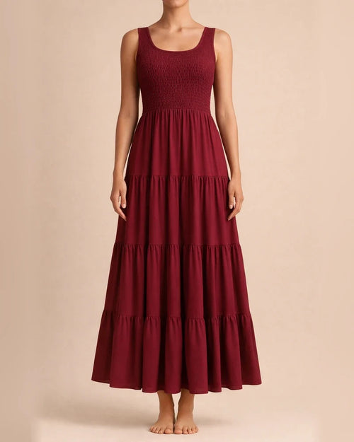 Summer Solid Color Women's Burst U-neck Pullover Tank Dress Pleated Splicing Sleeveless Large Hem A-line Dress Dress | JRSEE:0e9e4d04-0f4f-4ae6-8606-b75fd6a762f4