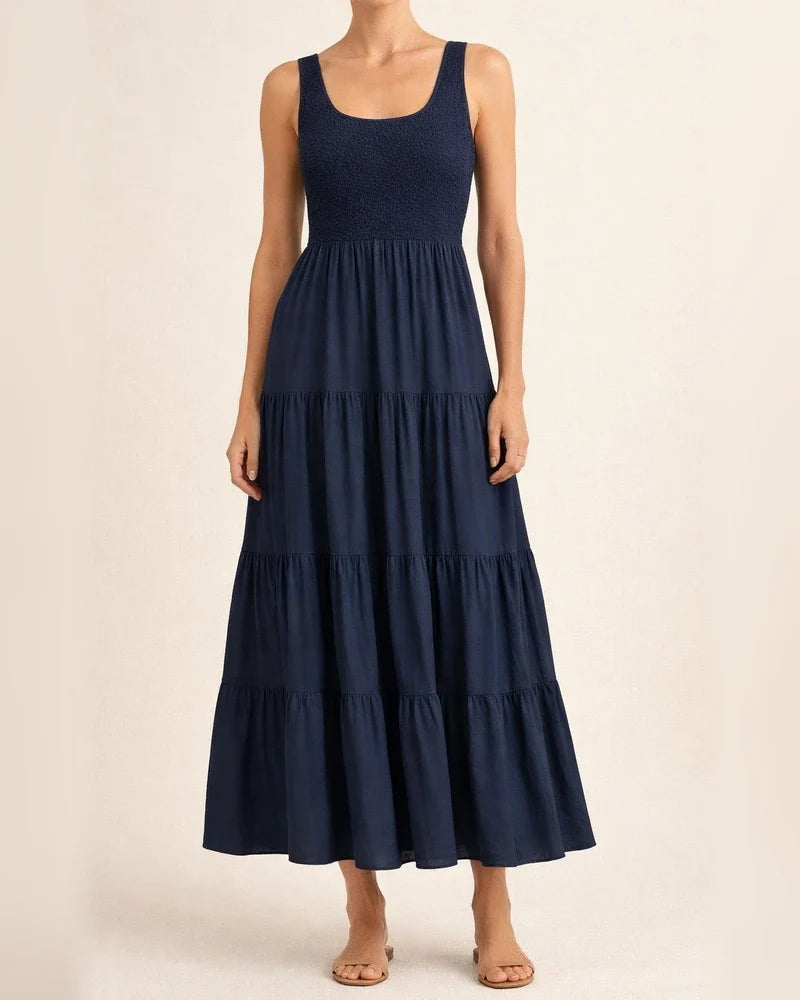 Summer Solid Color Women's Burst U-neck Pullover Tank Dress Pleated Splicing Sleeveless Large Hem A-line Dress Dress | JRSEE:5dec43e7-7a24-4a51-be13-2809795210a9