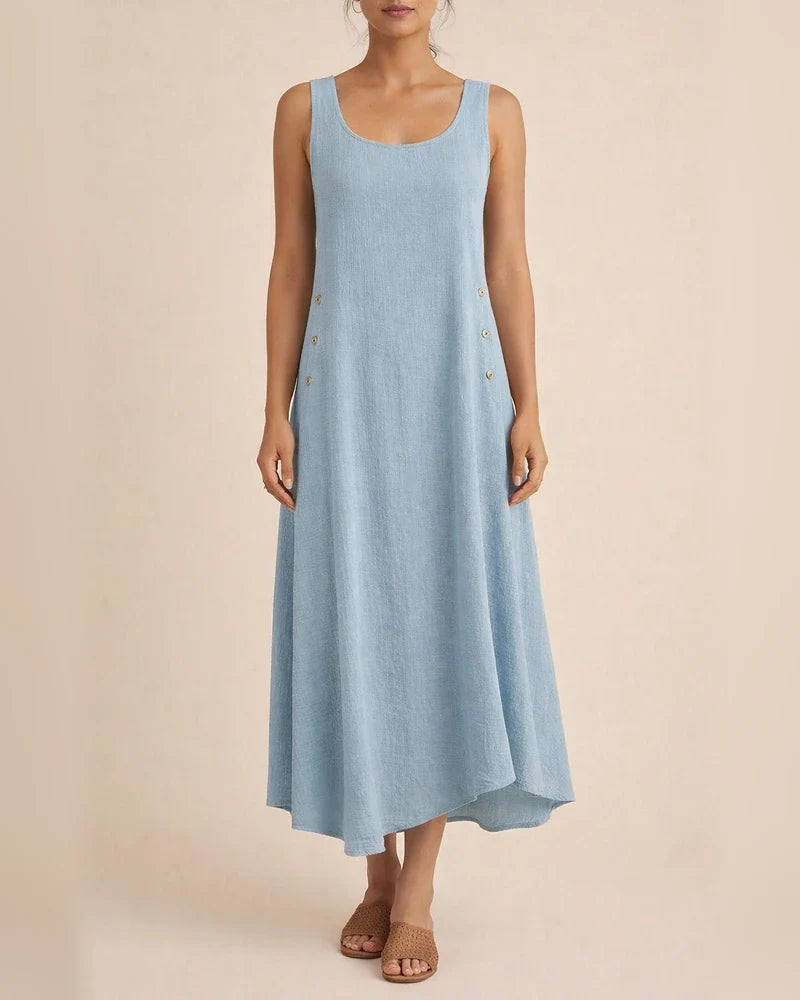 Summer Tank Dress Cotton Linen Solid Color Button Irregular Hem Long Skirt | JRSEE:4bc7bc9a-a4b4-4810-99c9-29b63bddb151