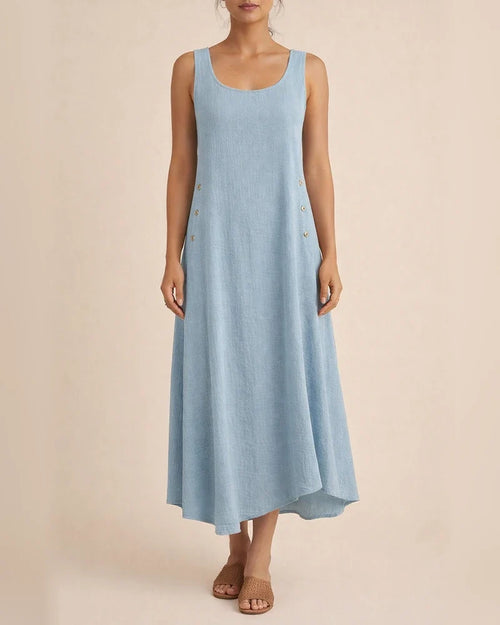 Summer Tank Dress Cotton Linen Solid Color Button Irregular Hem Long Skirt | JRSEE:4bc7bc9a-a4b4-4810-99c9-29b63bddb151