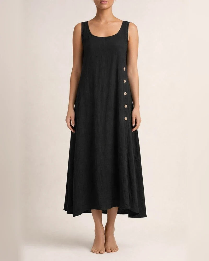 Summer Tank Dress Cotton Linen Solid Color Button Irregular Hem Long Skirt | JRSEE:2ec657c9-5c35-4aea-ab9b-a038c29697c8