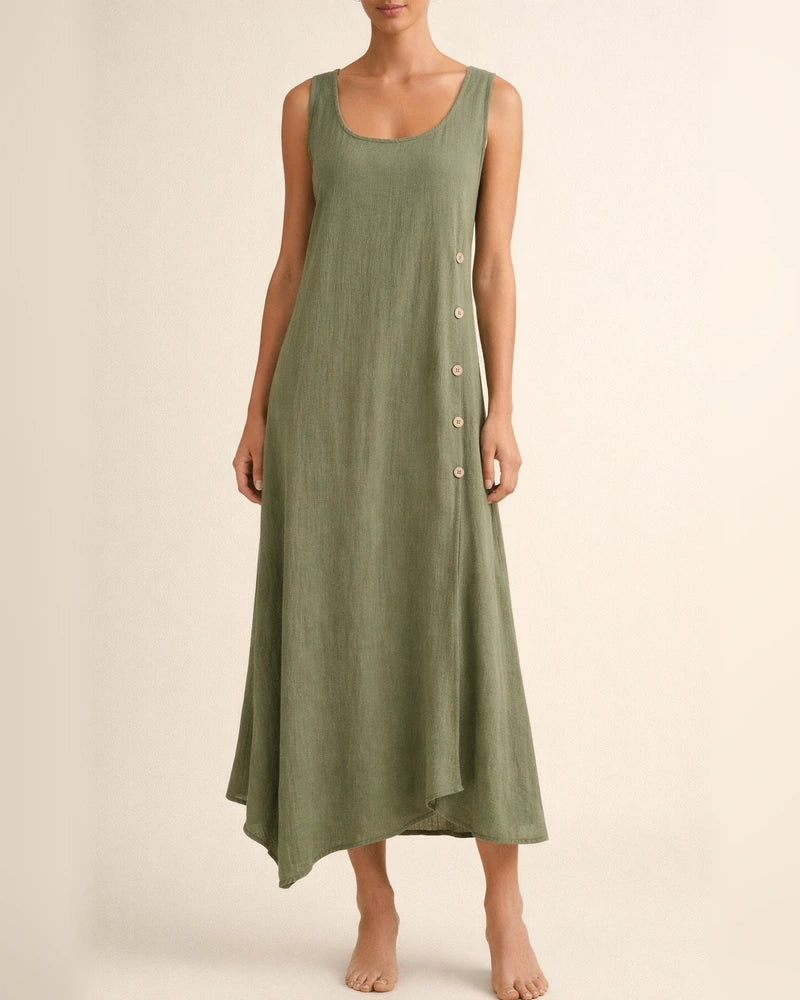 Summer Tank Dress Cotton Linen Solid Color Button Irregular Hem Long Skirt | JRSEE:33a04471-239e-46c4-b2f7-9c04f947c9d2