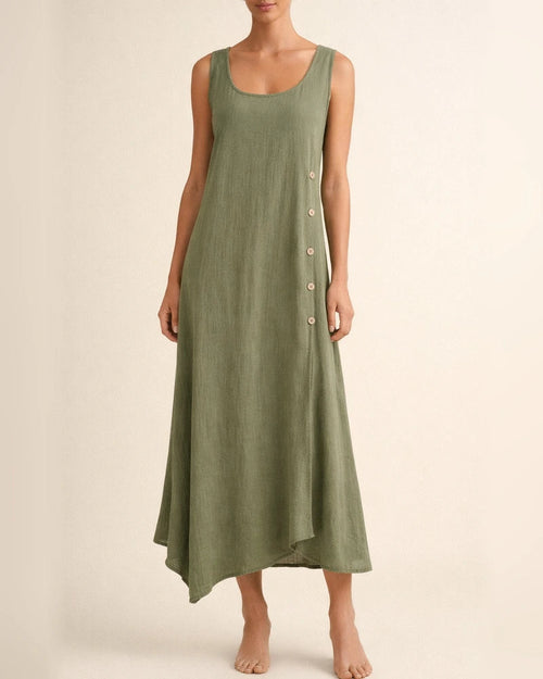 Summer Tank Dress Cotton Linen Solid Color Button Irregular Hem Long Skirt | JRSEE:33a04471-239e-46c4-b2f7-9c04f947c9d2