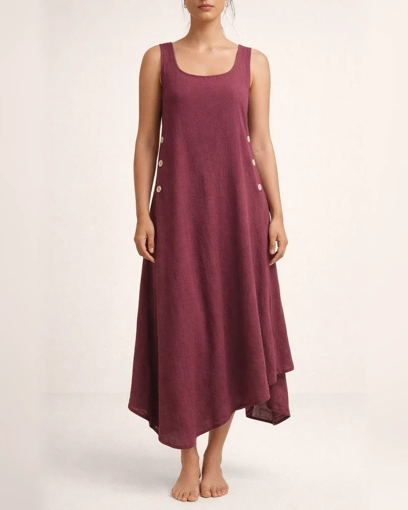 Summer Tank Dress Cotton Linen Solid Color Button Irregular Hem Long Skirt | JRSEE:d1593abb-f2a3-4c27-8b3b-8390547d7928