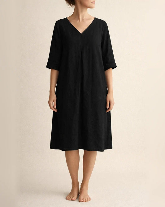 Summer V-neck Solid Color Cotton Linen Loose Dresses Women | JRSEE:8b53d3f9-f7e6-4117-97da-7857cc8ac444