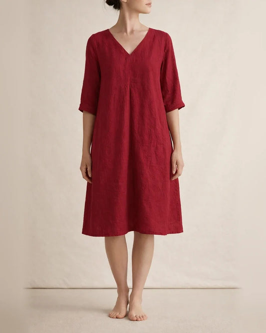 Summer V-neck Solid Color Cotton Linen Loose Dresses Women | JRSEE:8252ef05-a6b9-45a4-91c7-cb18b2fe0f92