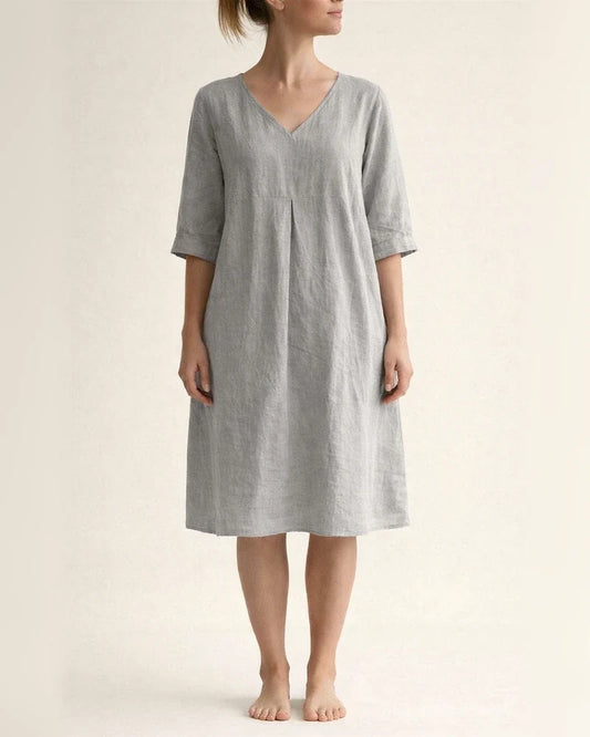 Summer V-neck Solid Color Cotton Linen Loose Dresses Women | JRSEE:f6f7af8e-b047-4e39-bc66-9834589ce0fc