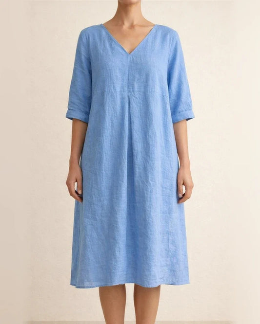 Summer V-neck Solid Color Cotton Linen Loose Dresses Women | JRSEE:cb6a3800-6296-4f93-a5bb-e15517d85103