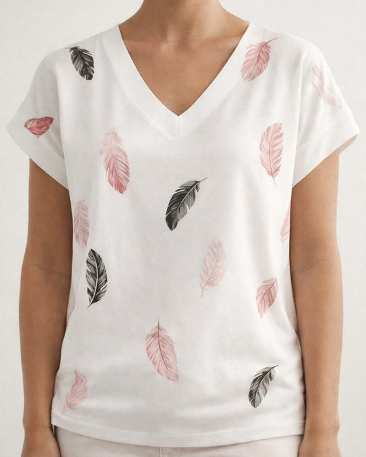 Summer Women's Comfortable Casual T-shirt Printing V-neck Short-sleeved Regular Sleeves Straight Type Pullover Tops Temperament Commuter Style | JRSEE:f3bea7dd-9228-4168-af0b-4a8e54a20b29