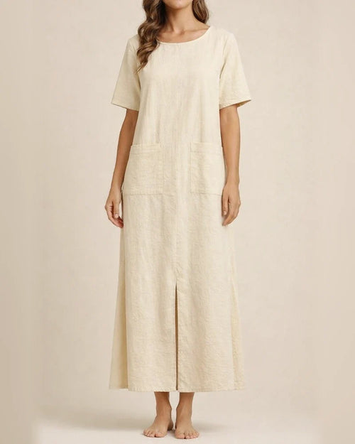 Summer Women's Cotton-Linen Blend Solid Color Loose-Fit Crew Neck Short Sleeve Asymmetric Hem Dress | JRSEE:933b9a4b-25dc-440e-88b3-fdd01839afd0
