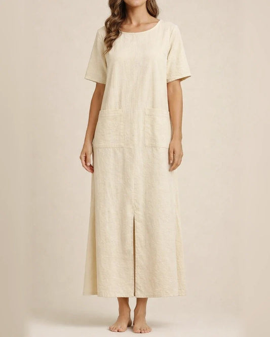 Summer Women's Cotton-Linen Blend Solid Color Loose-Fit Crew Neck Short Sleeve Asymmetric Hem Dress | JRSEE:933b9a4b-25dc-440e-88b3-fdd01839afd0