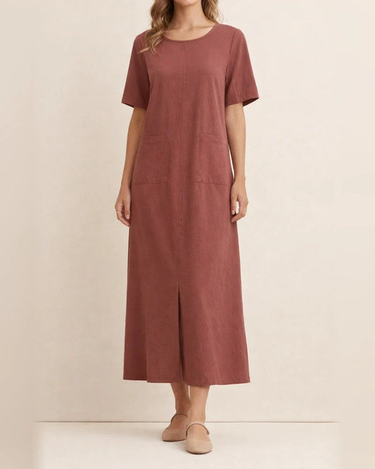 Summer Women's Cotton-Linen Blend Solid Color Loose-Fit Crew Neck Short Sleeve Asymmetric Hem Dress | JRSEE:e35f8ed5-af3a-46d7-9646-c925f91f9302