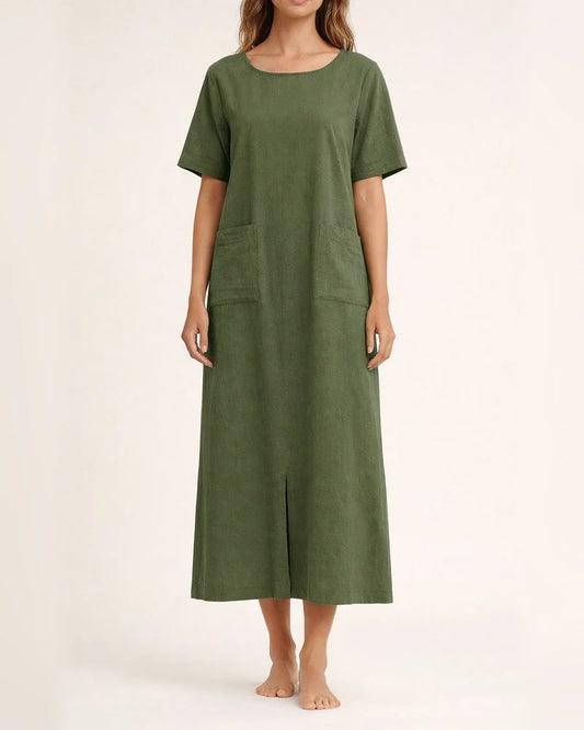 Summer Women's Cotton-Linen Blend Solid Color Loose-Fit Crew Neck Short Sleeve Asymmetric Hem Dress | JRSEE:1ff5066a-6158-4b95-be3e-57ee2780d065